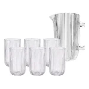 Conjunto de 7 Peças com 1 Jarra e 6 Copos de Vidro Canelado - Madô