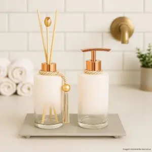 Kit Lavabo com Difusor e Porta Sabonete Líquido + Bandeja de Vidro Luxo - Imagem 3