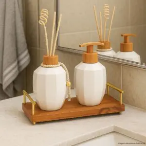 Kit Lavabo com Difusor e Porta Sabonete Líquido + Bandeja de Vidro Luxo - Imagem 4