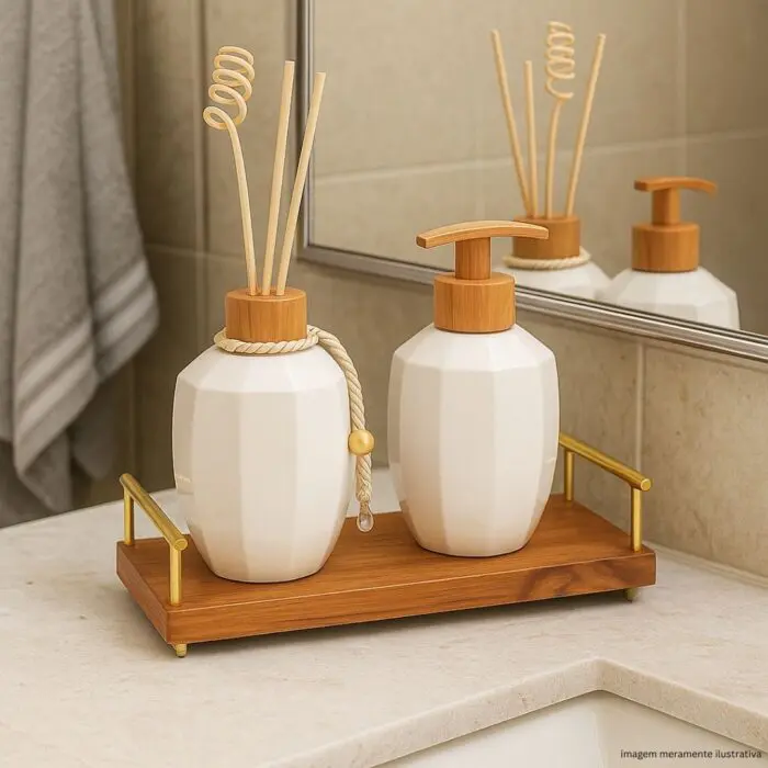 Kit Lavabo com Difusor e Porta Sabonete Líquido + Bandeja de Vidro Luxo - Imagem 4