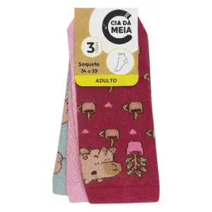 Kit 3 Pares de Meia Soquete Adulto Capivara 34/39-Cia da Meia