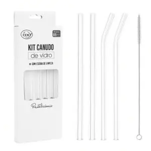 Kit Canudo de Vidro 2 Canudos Retos + 2 Canudos Curvos + Escova de Limpeza - Cosy