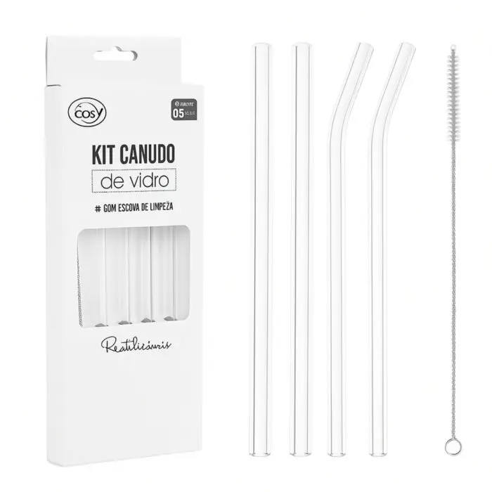 Kit Canudo de Vidro 2 Canudos Retos + 2 Canudos Curvos + Escova de Limpeza - Cosy - Imagem 1