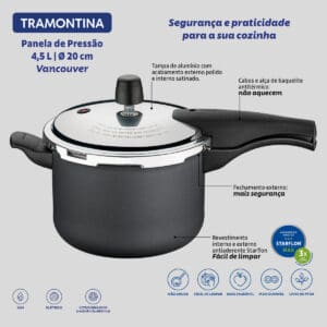 Panela de Pressão em Alumínio com Revestimento Interno e Externo Antiaderente Starflon Max 20cm 4,5L Vancouver - Tramontina - Imagem 4