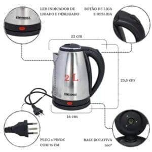 Chaleira/Jarra Elétrica Inox 2 Litros 110/220V com Desligamento Automático e Tampa de Segurança – Startools - Imagem 4
