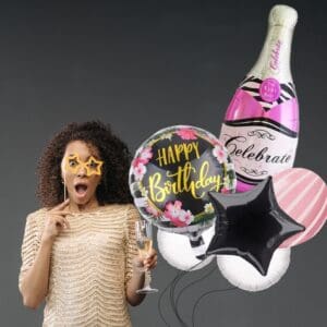 Balão Bouquet Champagne Feliz Aniversário Rosa - Imagem 2