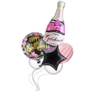 Balão Bouquet Champagne Feliz Aniversário Rosa