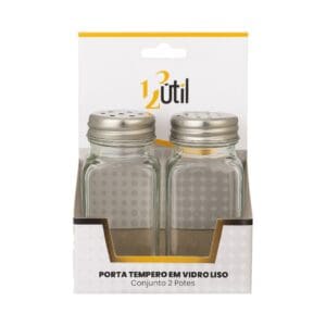 Conjunto com 2 Porta Temperos em Vidro Liso e Tampa de Inox 70ML - 12Útil