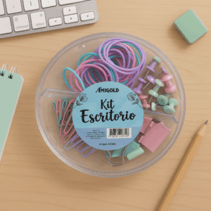 Kit Escritório com Clip taxinha mais prendedor e Elastico com Quatro Divisoria-Amigold - Imagem 2
