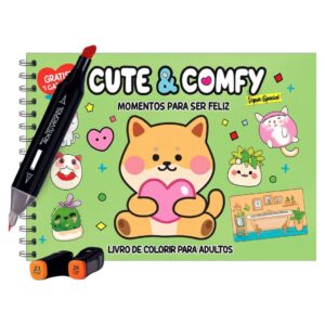 Livro para Colorir Estilo Bobbie Goods Cute & Comfy Momentos Para Ser Feliz + 1 Caneta Touch Ponta Dupla Grátis