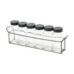 Porta Tempero Bandeja com 6 Potes de Vidro com Tampa de Metal e Suporte de Aço - Em Casa Tem