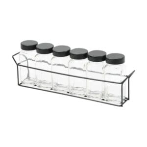 Porta Tempero Bandeja com 6 Potes de Vidro com Tampa de Metal e Suporte de Aço - Em Casa Tem