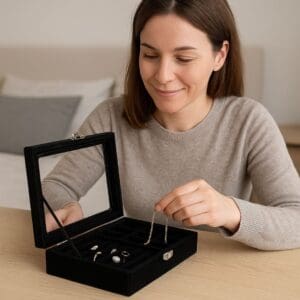 Estojo/Porta Joias Oragnizador com Divisórias e Tampa Transparente Aveludado 20x15x5cm Sortido - Imagem 2