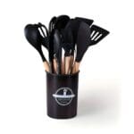 Conjunto de Utencílios de Silicone com Cabo de Madeira 12 Unidades Sortido - AM Decorações e Presentes