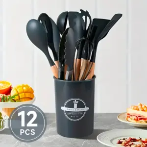 Conjunto de Utencílios de Silicone com Cabo de Madeira 12 Unidades Sortido - AM Decorações e Presentes - Imagem 4