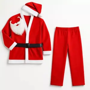 Roupa de Papai Noel Tamanho Único Completa Gorro+Barba+Casaco+Calça+Cinto 100% Poliéster - Wincy