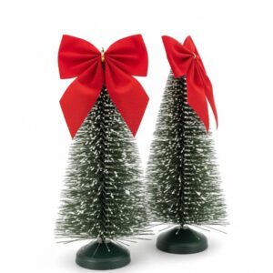Kit 2 Mini Pinheiros 18cm Nevados de Natal com Laço Vermelho