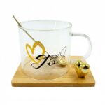 Caneca Love de Vidro de 280ML com Suporte em Bambu e Colher - Livon