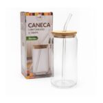 Copo Borossilicato de 600ML com Canudo de Vidro e Tampa de Bambu com Vedação - Casita